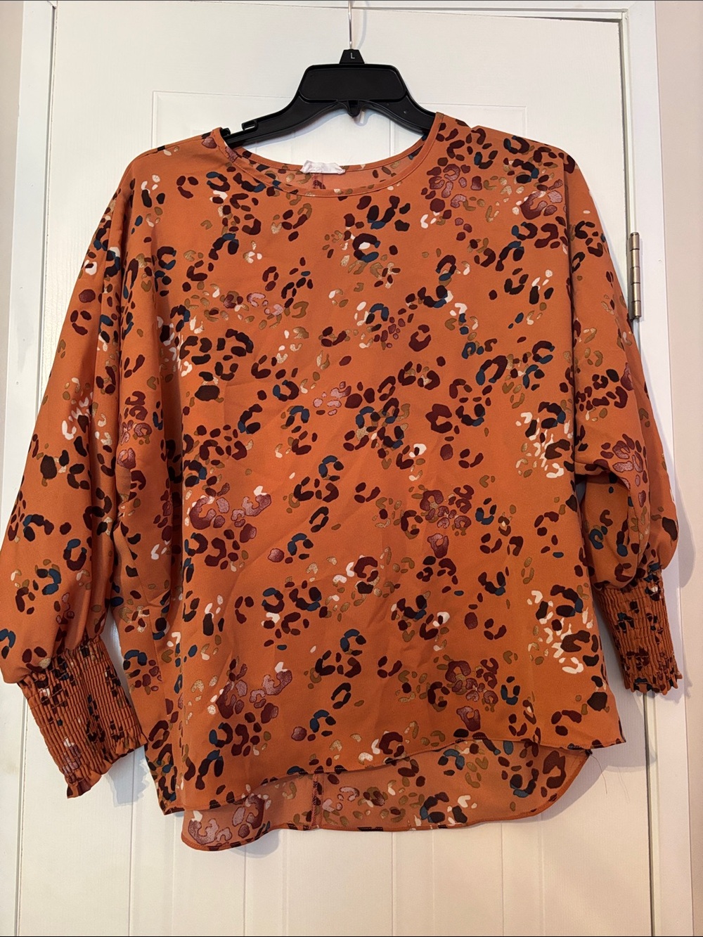 Rust Animal-Print Smocked Cuff Blouse
